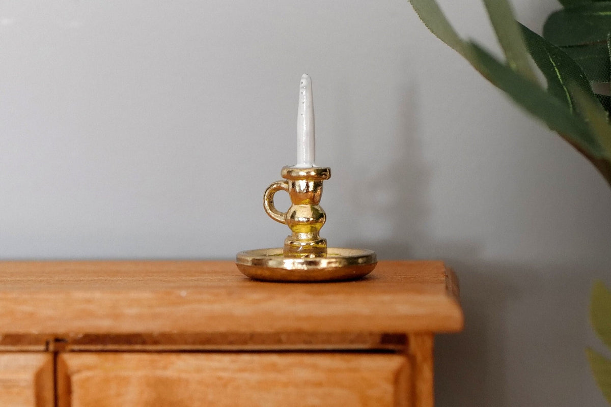 1:12 Scale Miniature Brass Chamberstick Candle Holder with Candle, 1 inch tall, DIY Dollhouse Supply