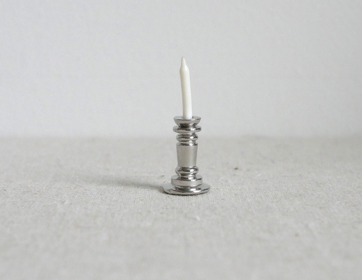 1:12 Scale Miniature Dining Candle with Candle Holder, 1-1/4 inch tall, DIY Dollhouse Supply (white and silver)