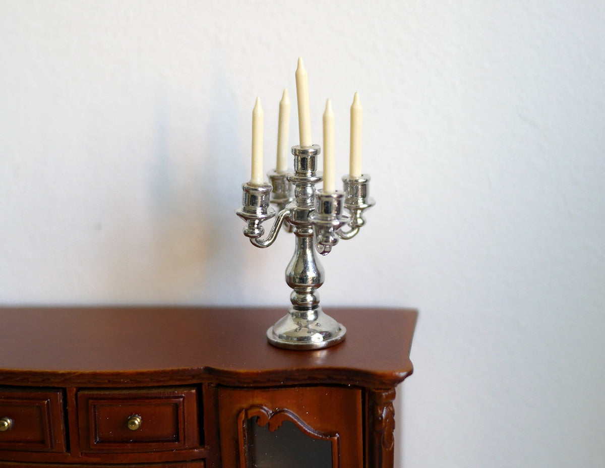 Miniature Candelabra 1:12 Scale Dollhouse Metal Candle Holder 2-3/8 inch tall (silver) - C082