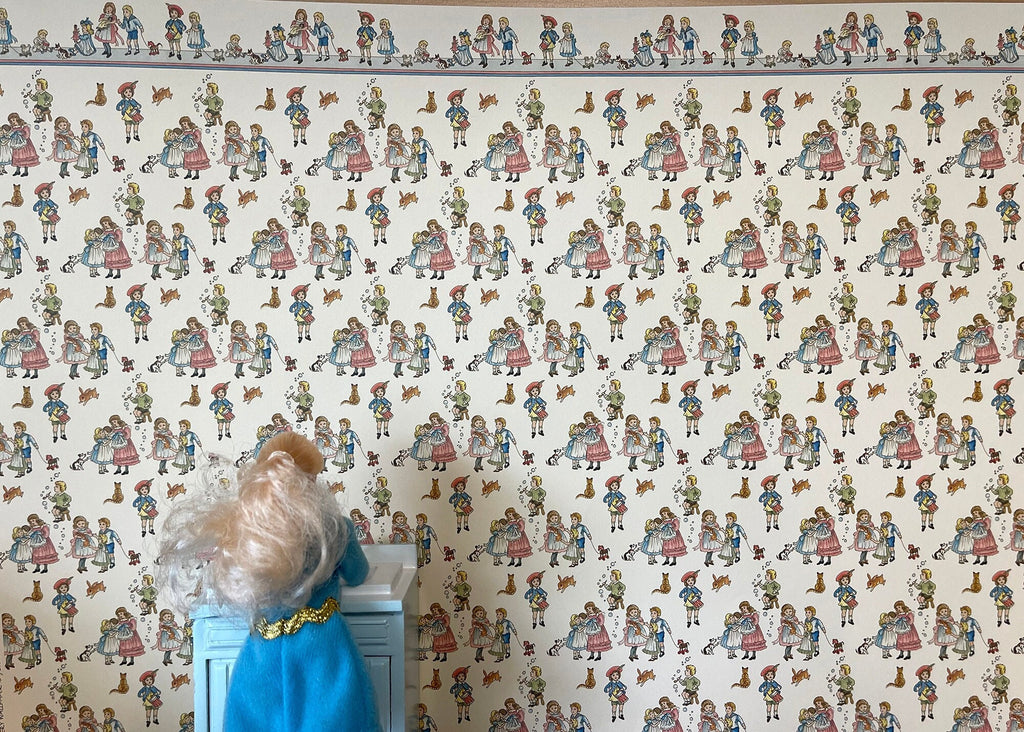 1:12 Scale Miniature Children and Their Pets Wallpaper with Printed Border, 16-15/16 x 12 inch, DIY Dollhouse Supply (dark cream)