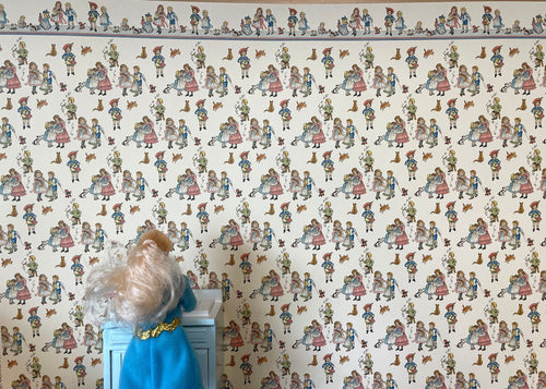 1:12 Scale Miniature Children and Their Pets Wallpaper with Printed Border, 16-15/16 x 12 inch, DIY Dollhouse Supply (dark cream)