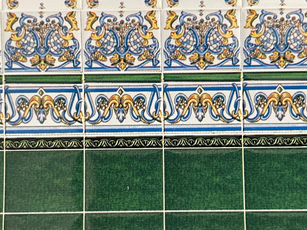 1:12 Scale Miniature Mediterranean Embossed Tile Wall with Green Dado, 17 x 14 Tiles, 10-13/16 x 5-7/8 inch, DIY Dollhouse Supply