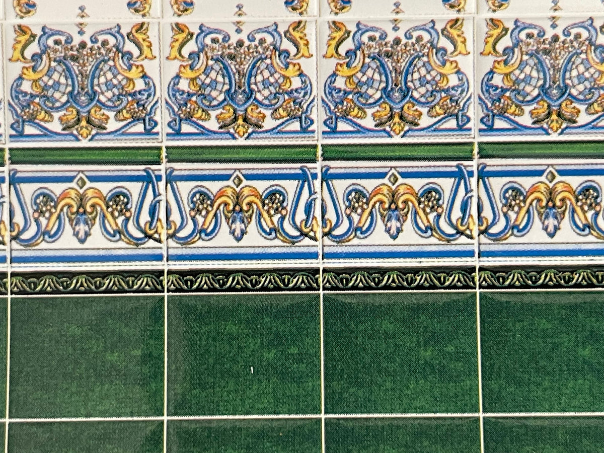 1:12 Scale Miniature Mediterranean Embossed Tile Wall with Green Dado, 17 x 14 Tiles, 10-13/16 x 5-7/8 inch, DIY Dollhouse Supply