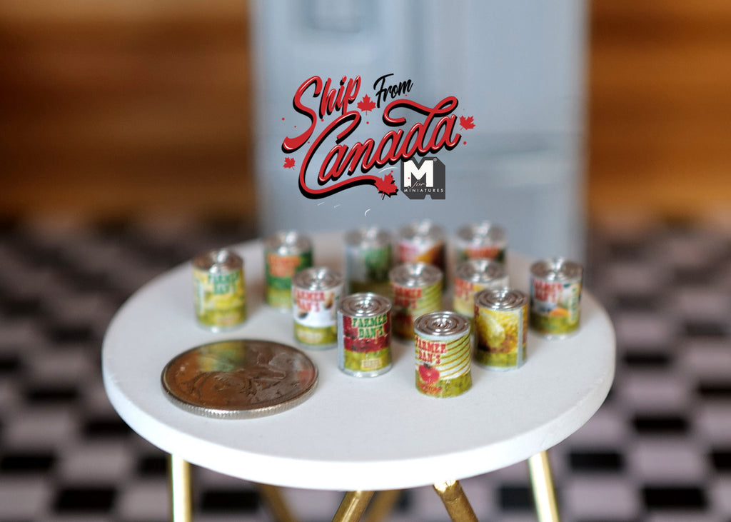 1:12 Scale Miniature Metal Vegetable and Fruit Tin Cans, Set of 12, 1/2 inch tall, DIY Dollhouse Supply