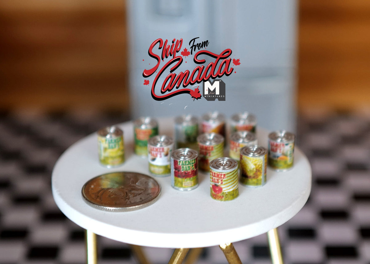 1:12 Scale Miniature Metal Vegetable and Fruit Tin Cans, Set of 12, 1/2 inch tall, DIY Dollhouse Supply