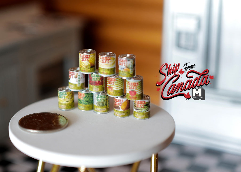 1:12 Scale Miniature Metal Vegetable and Fruit Tin Cans, Set of 12, 1/2 inch tall, DIY Dollhouse Supply