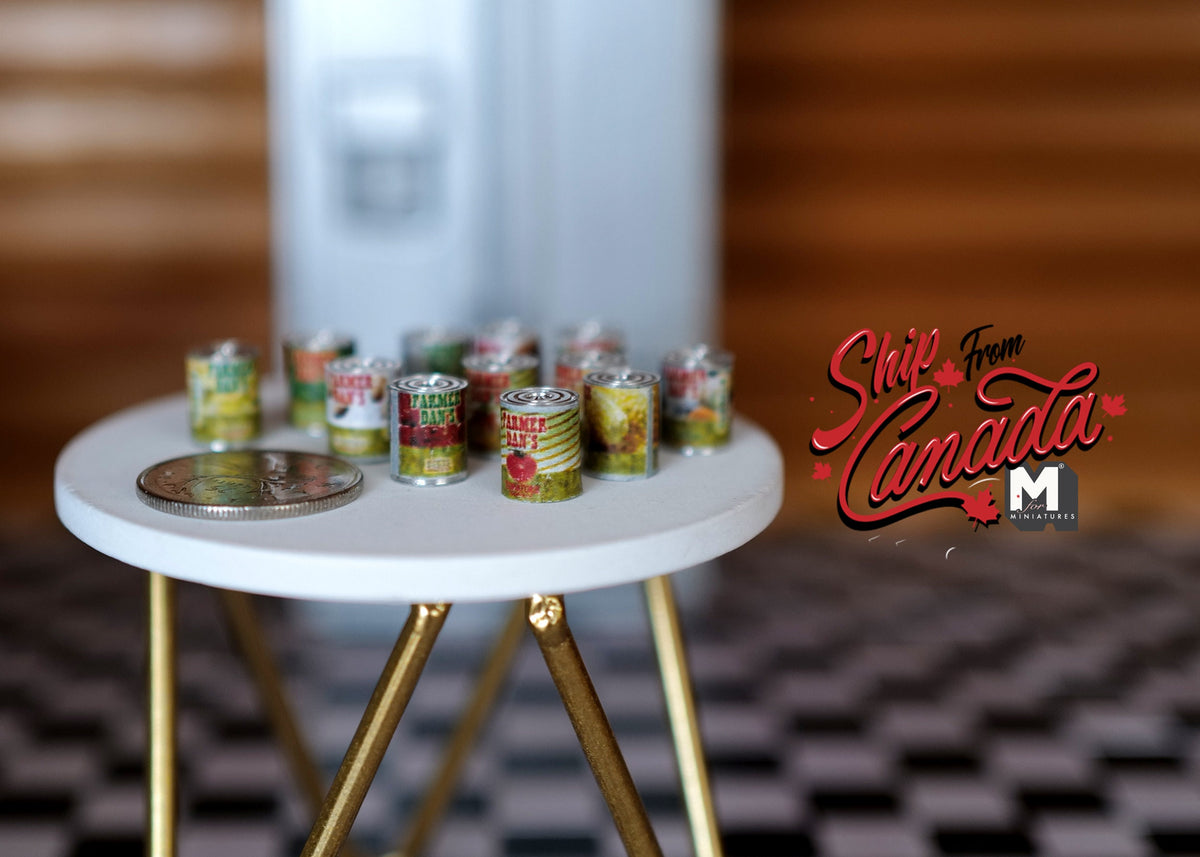 1:12 Scale Miniature Metal Vegetable and Fruit Tin Cans, Set of 12, 1/2 inch tall, DIY Dollhouse Supply