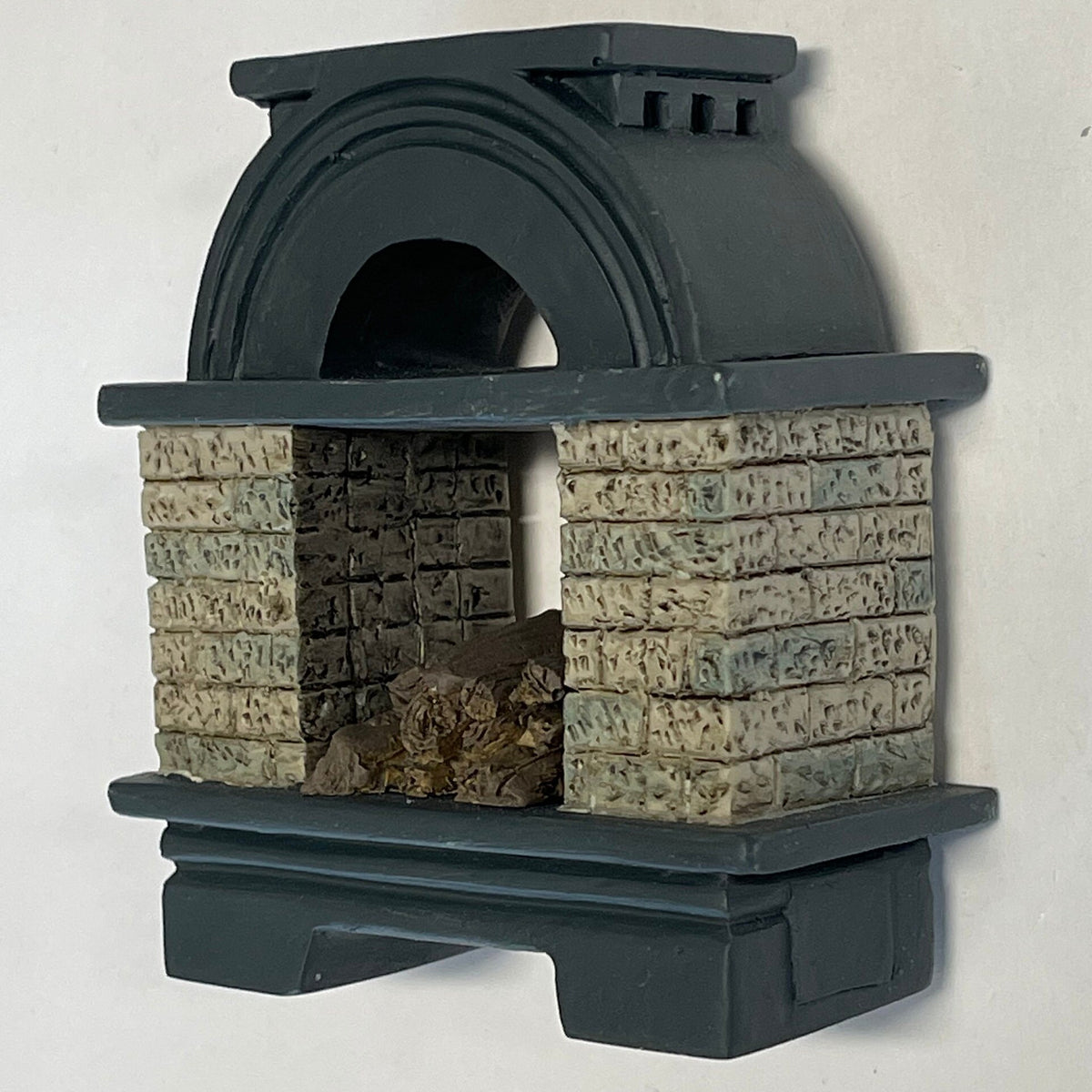 1:12 Scale Miniature Fireplace with Teal Arched Top and Fire Logs, Stone Pattern Sides, 3-1/4 inch tall, DIY Dollhouse Supply