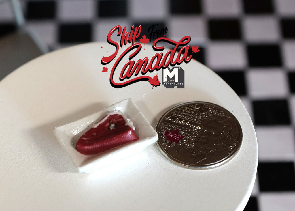 1:12 Scale Miniature Raw Steaks on White Tray, 1 inch long, DIY Dollhouse Supply (non edible)