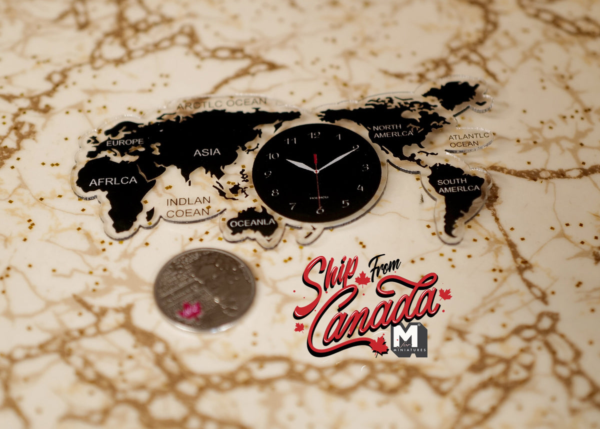 1:12 Scale Miniature World Map Wall Clock, 4-5/16 inch wide, DIY Dollhouse Supply (black)