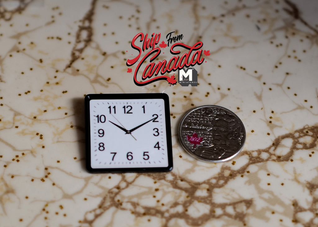 1:12 Scale Miniature Square Wall Clock, 1-3/16 inch wide, DIY Dollhouse Supply (black and white) (non working)