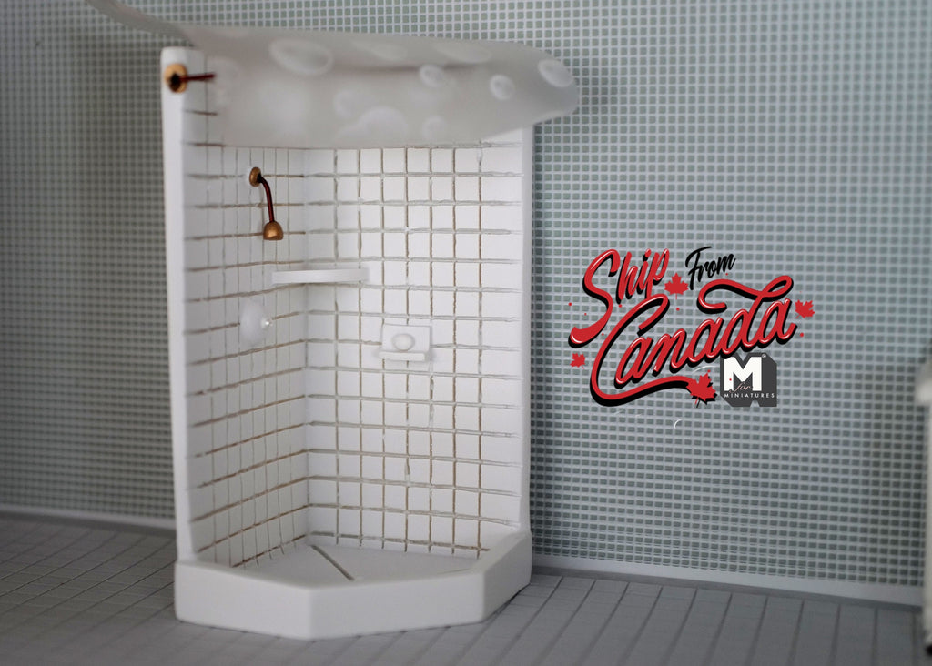 1:12 Scale Miniature Neo Angle Corner Shower with Curtain, 6 inch tall, DIY Dollhouse Supply (white)