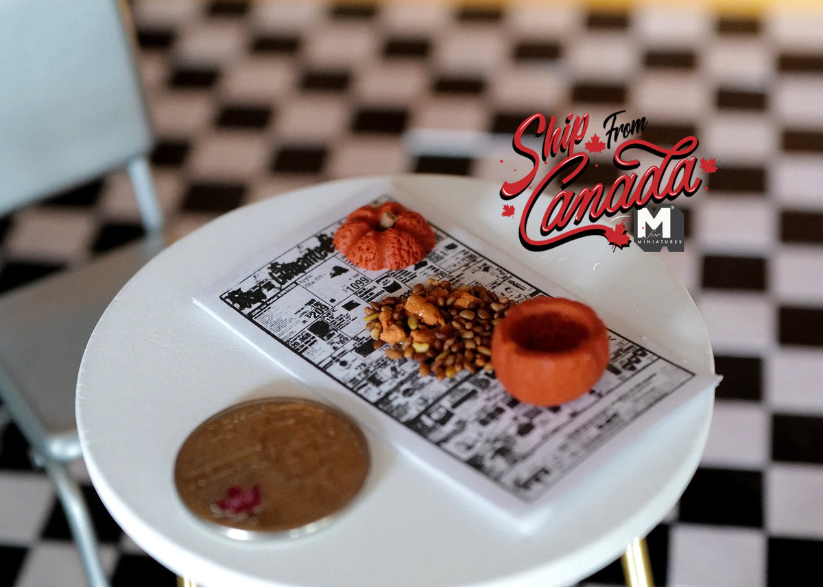 1:12 Scale Miniature Pumpkin Carving Scene, Newspaper Tray with Pumpkins and Pulp, 2-3/8 inch long, DIY Dollhouse Supply