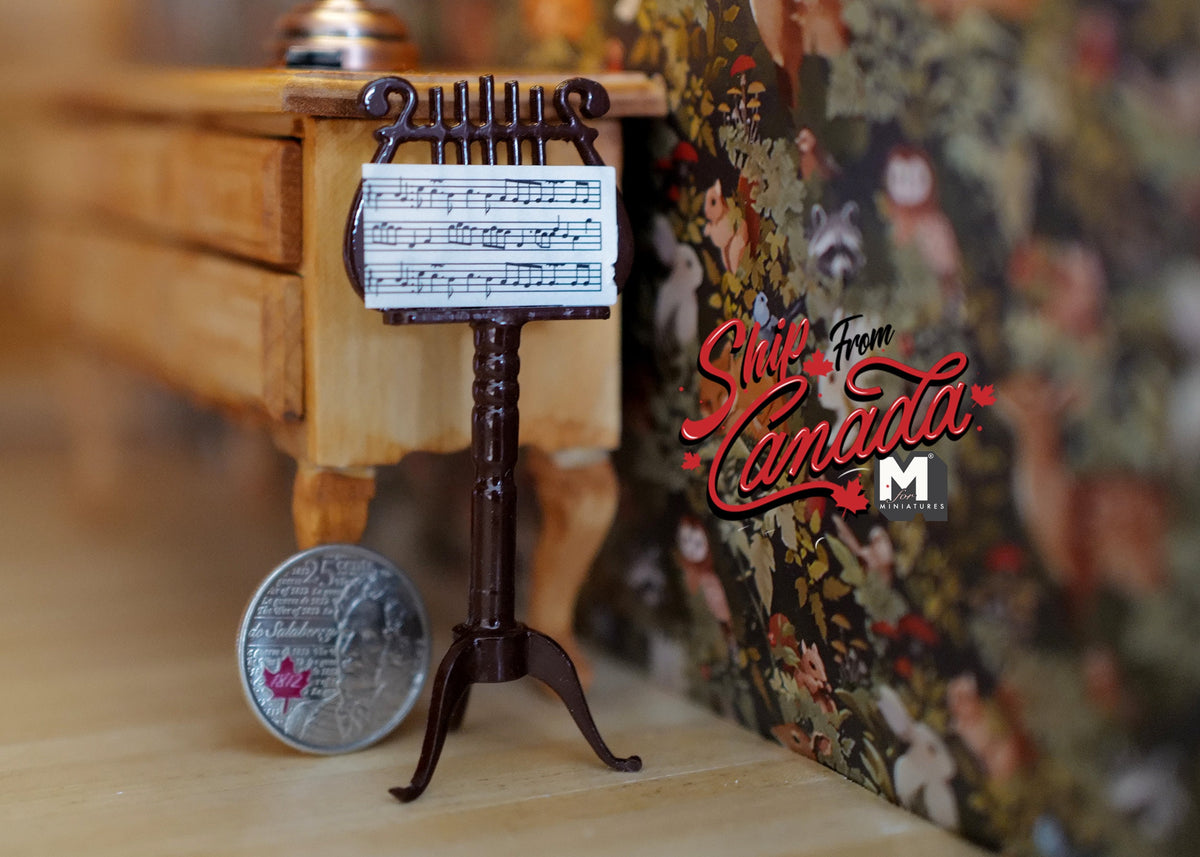 1:12 Scale Miniature Vintage Style Music Stand with Sheet Music, 2-15/16 inch tall, DIY Dollhouse Supply (brown)