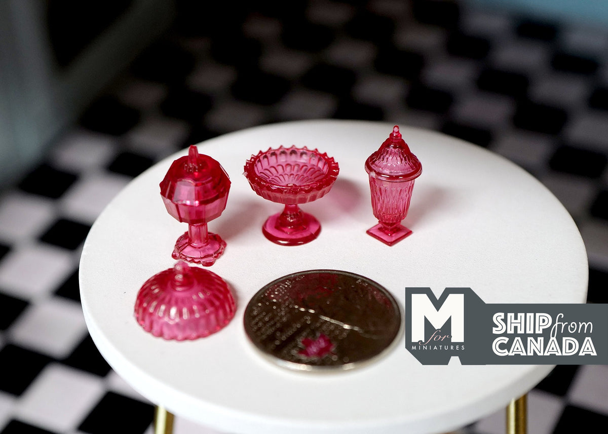1:12 Scale Miniature Footed Candy Dishes with Lids, Set of 3, 13/16 inch tall, DIY Dollhouse Supply (red)