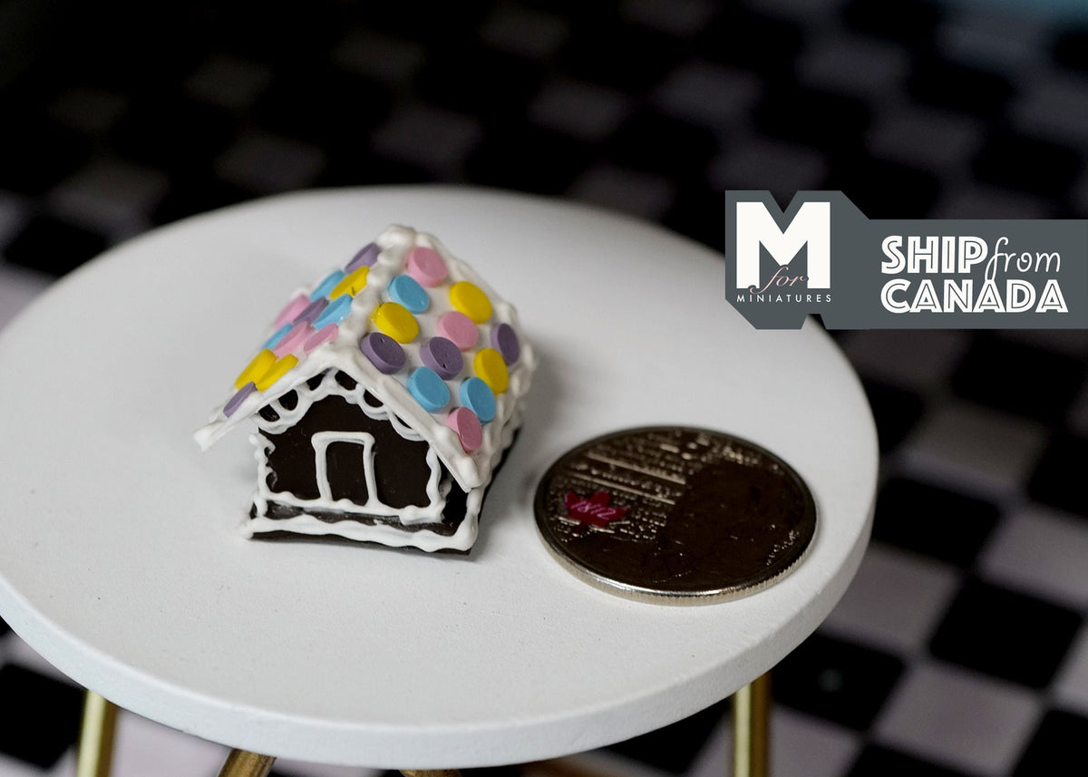 1:12 Scale Miniature Christmas Gingerbread House with Macarons, 13/16 inch tall, DIY Dollhouse Supply