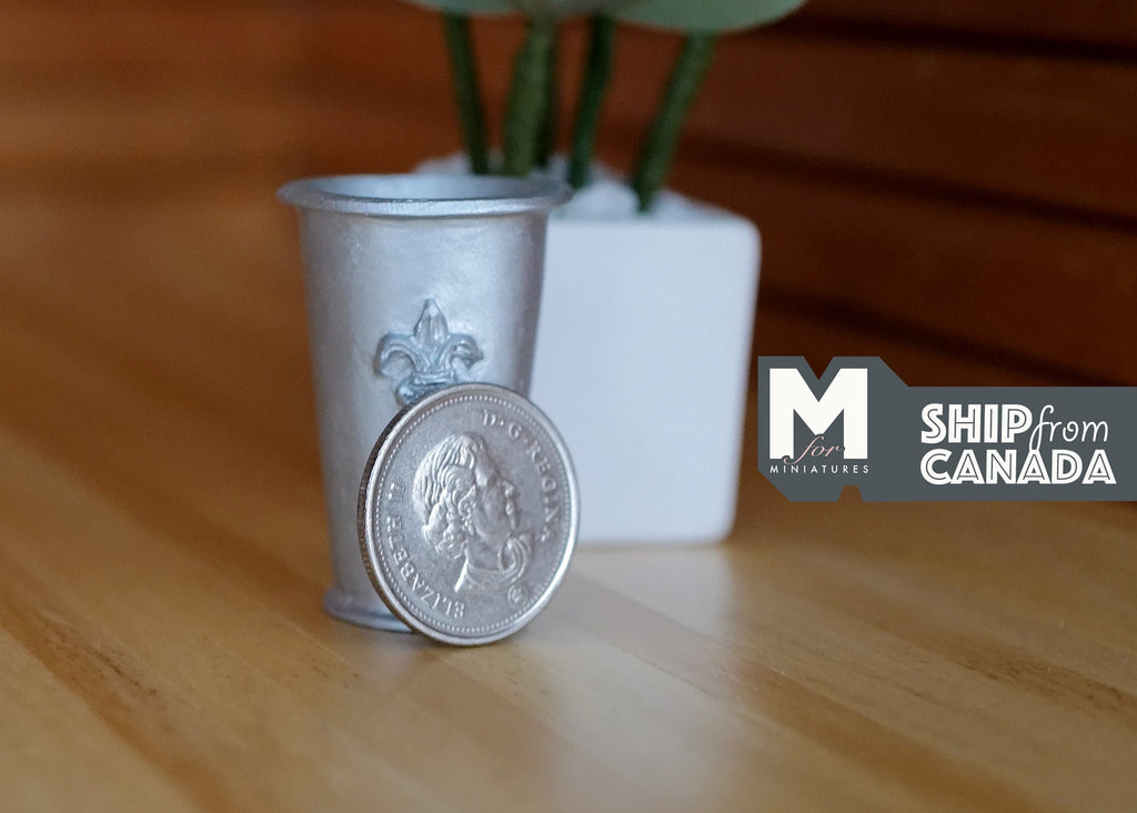 1:12 Scale Miniature Metal Tree Pot, Bucket Style with Round Emblem, Large Size, 1-9/16 inch tall, DIY Dollhouse Supply (silver)