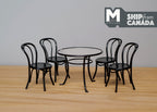 1:12 scale miniature metal bistro patio set in black, round table and 4 bentwood style chairs, set of 5, on a wood floor
