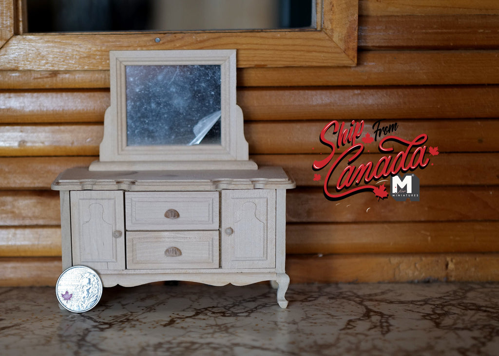Unpainted miniature wooden dresser and mirror 1:12 scale dollhouse furniture dresser with swing door and 2 drawers - I001