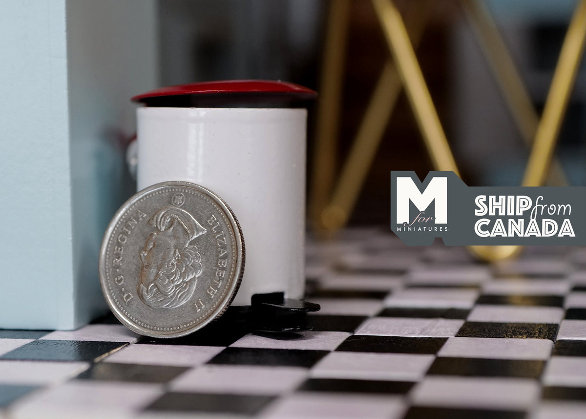 1:12 Scale Miniature Pedal Trash Can with Lid, 1-3/8 inch tall, DIY Dollhouse Supply (white and dark red)