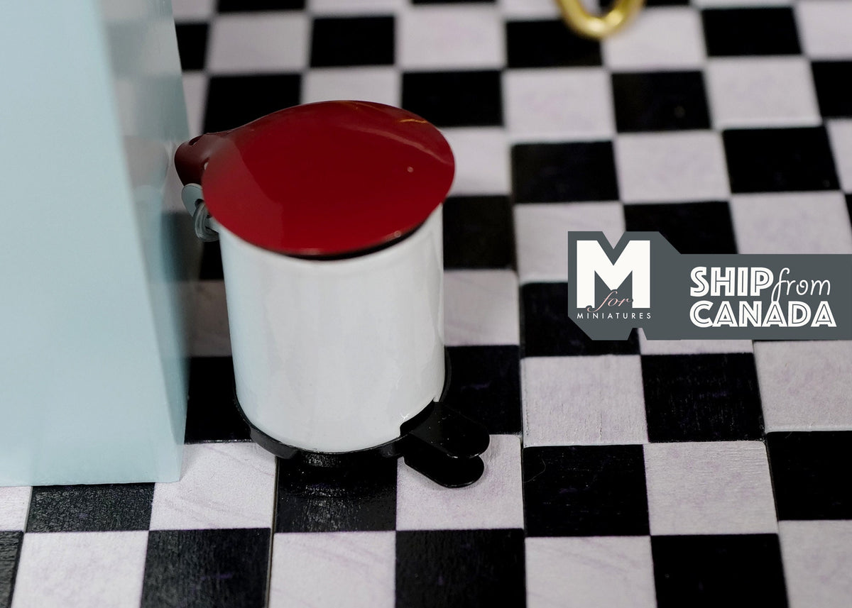 1:12 Scale Miniature Pedal Trash Can with Lid, 1-3/8 inch tall, DIY Dollhouse Supply (white and dark red)