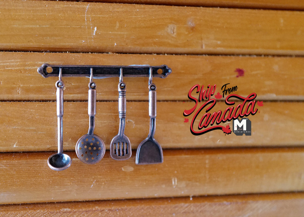 1:12 scale miniature metal kitchen utensils with wall rail, set of 5, ladle, skimmer and turners hanging on a wood wall