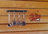 1:12 dollhouse miniature metal cooking utensils set with wall hanger slotted turner spatula ladle skimmer - D042