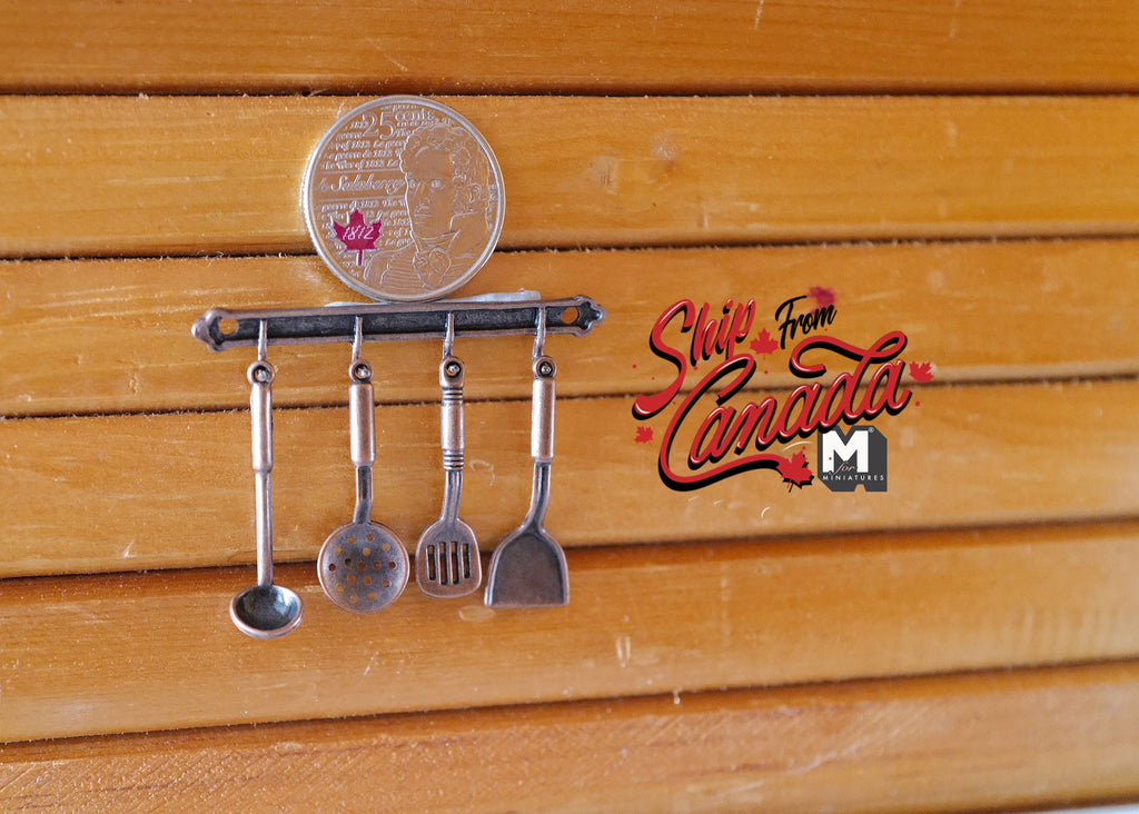 1:12 Scale Miniature Metal Kitchen Utensils with Wall Rail, Set of 5, 1-9/16 inch long, DIY Dollhouse Supply