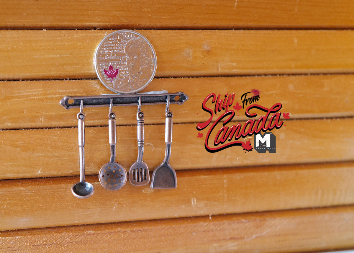1:12 Scale Miniature Metal Kitchen Utensils with Wall Rail, Set of 5, 1-9/16 inch long, DIY Dollhouse Supply
