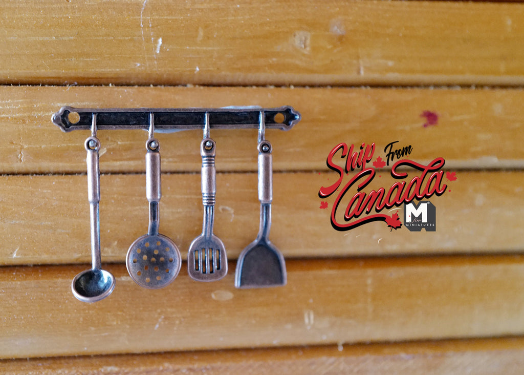 1:12 Scale Miniature Metal Kitchen Utensils with Wall Rail, Set of 5, 1-9/16 inch long, DIY Dollhouse Supply