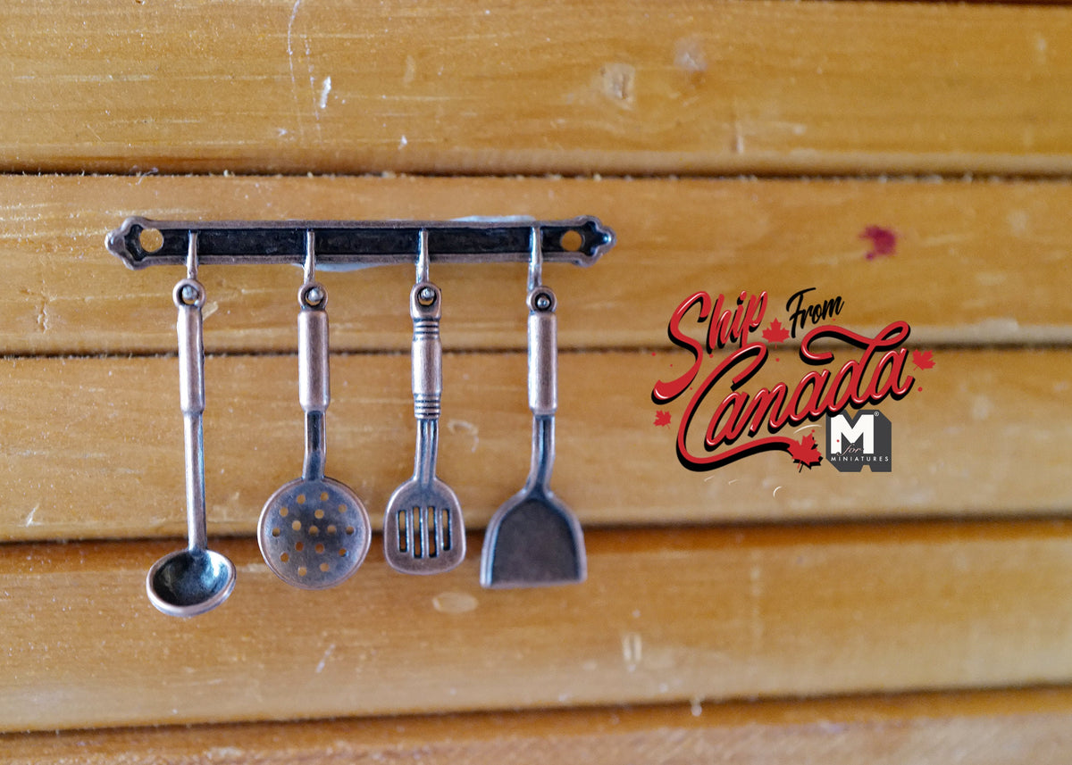 1:12 Scale Miniature Metal Kitchen Utensils with Wall Rail, Set of 5, 1-9/16 inch long, DIY Dollhouse Supply