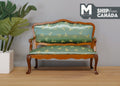 1:12 Scale Miniature Wood Loveseat, Mint Green Damask Upholstery, Carved Frame, 4-1/2 inch wide, DIY Dollhouse Supply