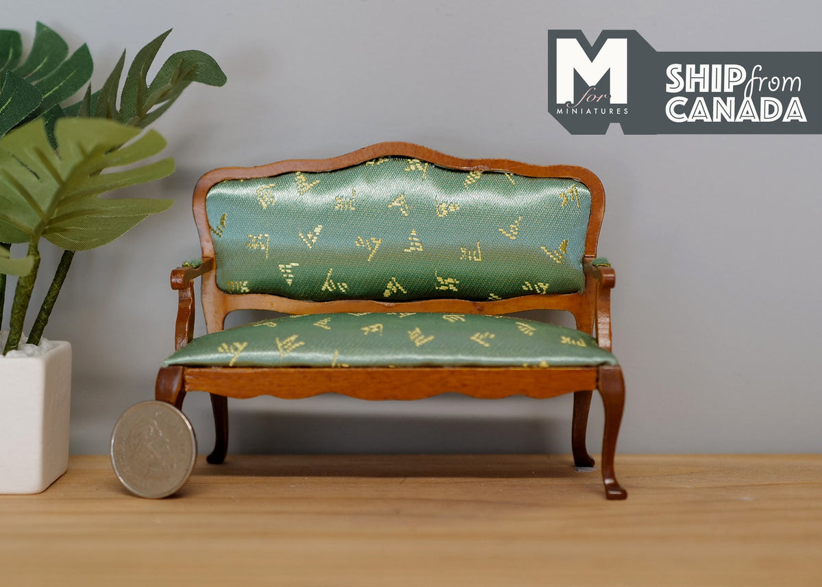 1:12 Scale Miniature Wood Loveseat, Mint Green Damask Upholstery, Carved Frame, 4-1/2 inch wide, DIY Dollhouse Supply