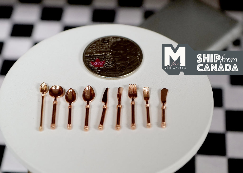 1:12 Scale Miniature Flatware, Spoons, Forks and Knives, Set of 9, 7/8 inch long, DIY Dollhouse Supply (bronze)