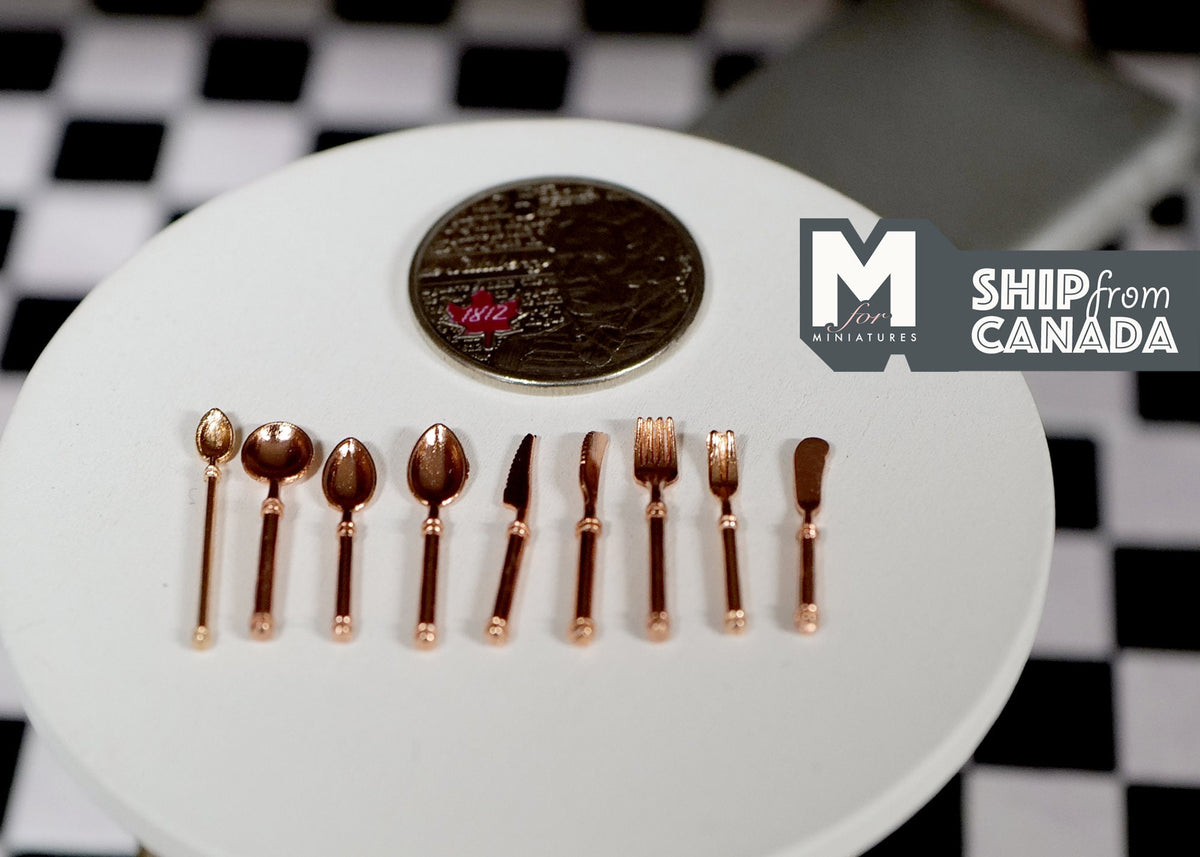 1:12 Scale Miniature Flatware, Spoons, Forks and Knives, Set of 9, 7/8 inch long, DIY Dollhouse Supply (bronze)