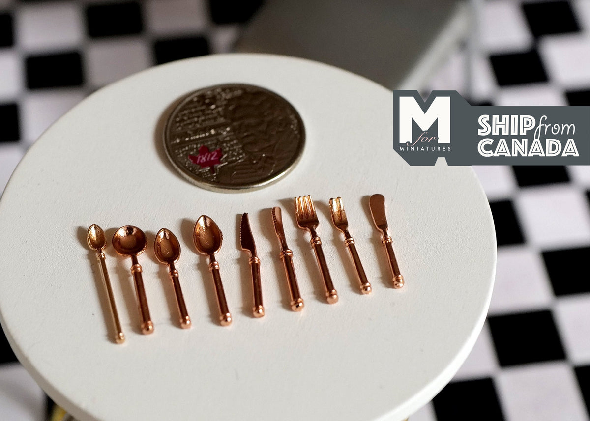 1:12 Scale Miniature Flatware, Spoons, Forks and Knives, Set of 9, 7/8 inch long, DIY Dollhouse Supply (bronze)