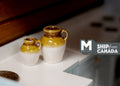 1:12 scale miniature stoneware jugs with mustard yellow tops and cream bases, set of 2 sizes, on a white counter