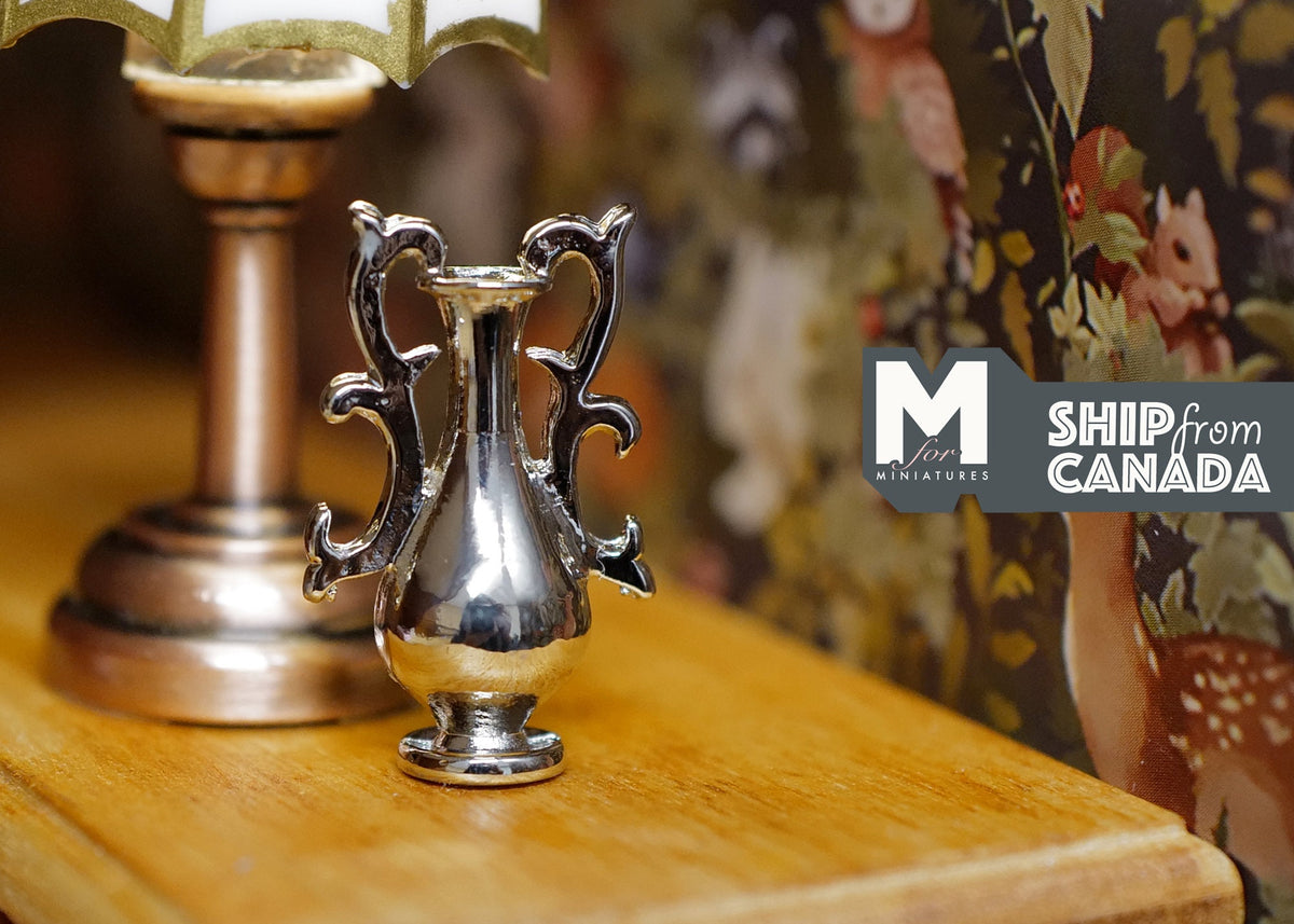 1:12 Scale Miniature Metal Urn Vase with Scroll Handles, on Pedestal, 1 inch tall, DIY Dollhouse Supply (silver)