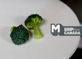 1:12 scale miniature broccoli heads with dark green florets and light stems, set of 2, shown on a round white table