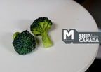 1:12 scale miniature broccoli heads with dark green florets and light stems, set of 2, shown on a round white table