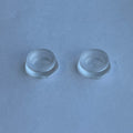 1:12 scale miniature small clear pet food bowls, set of 2, round with wide bases, shown on a blue surface