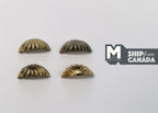 1:12 scale miniature brass half moon cabinet pulls, set of 4, ribbed shell cup pulls on a white surface