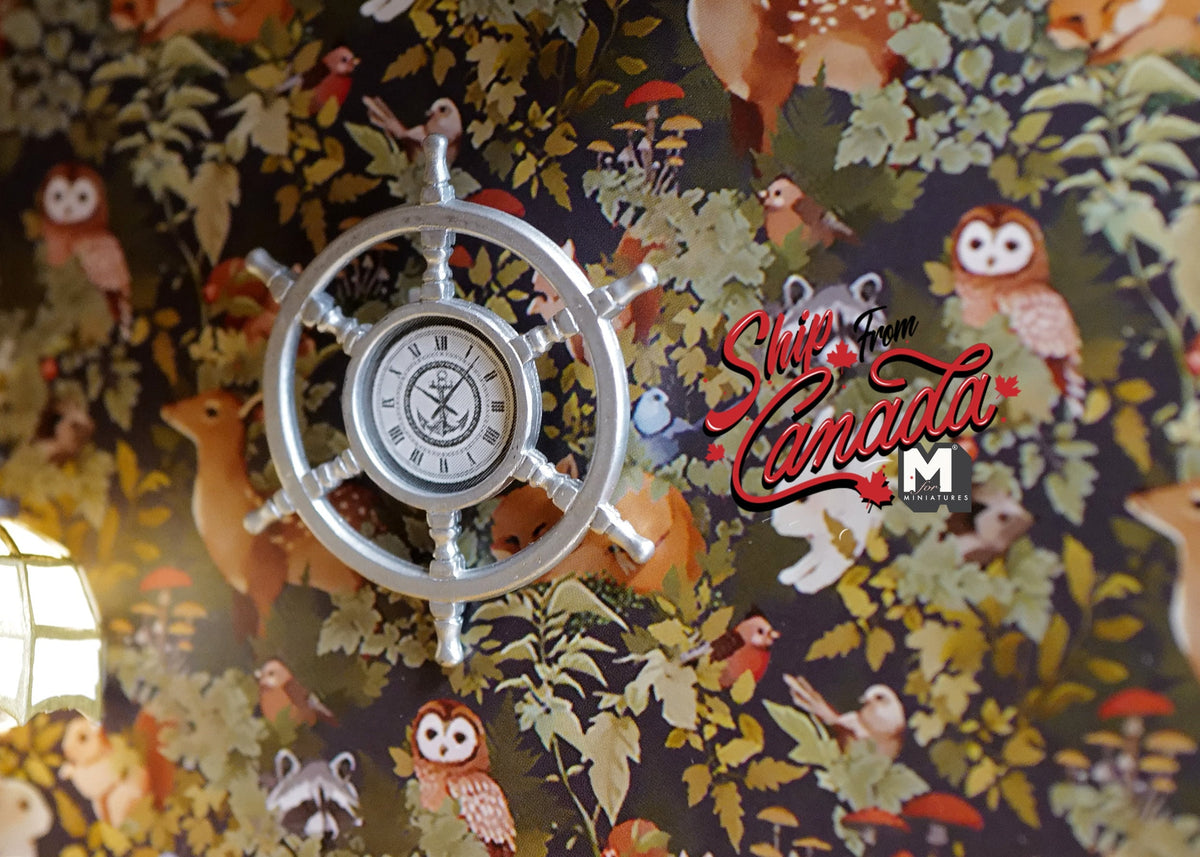 1:12 Scale Miniature Metal Ship Wheel Wall Clock, 1-3/4 inch dia., DIY Dollhouse Supply (silver)