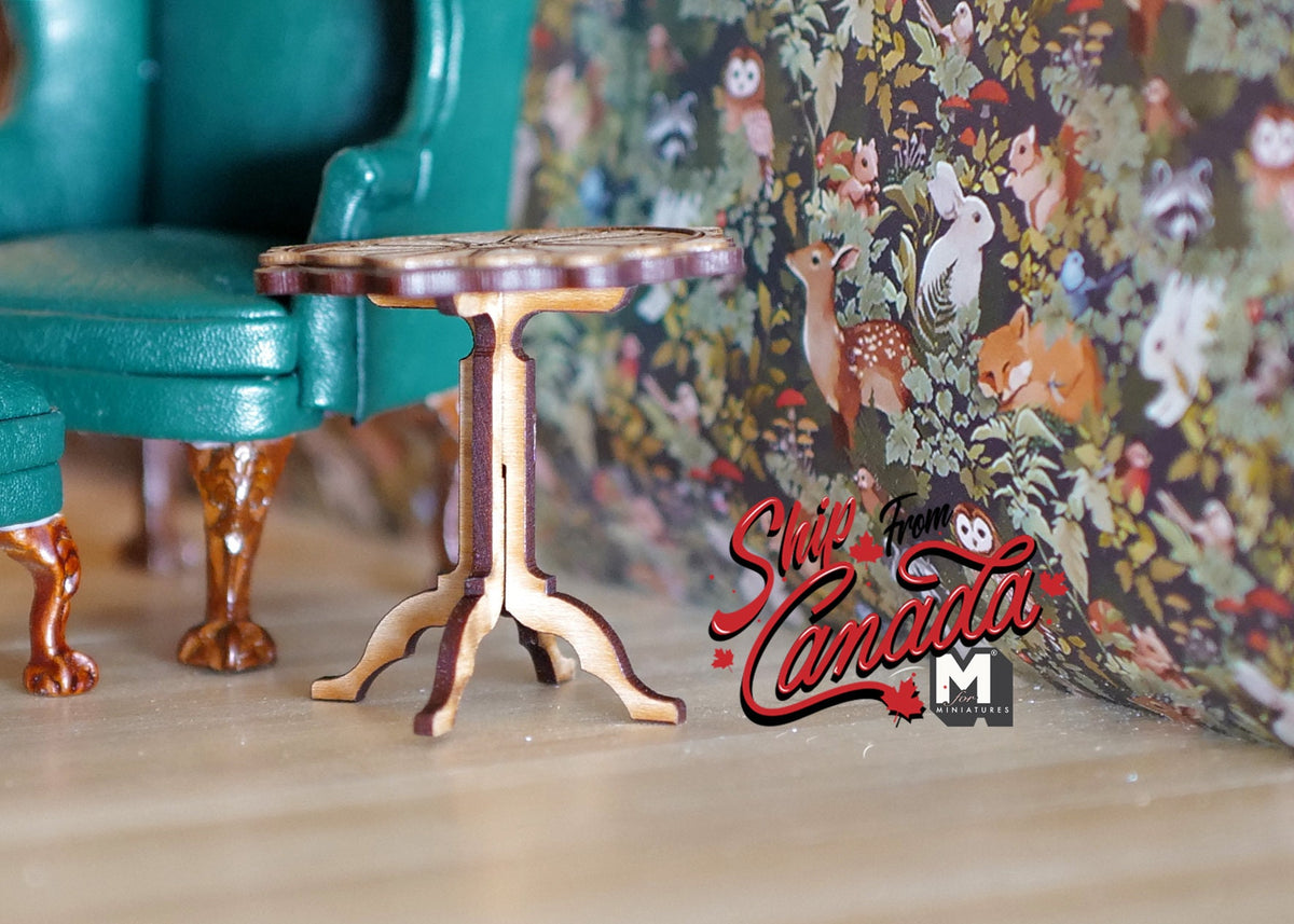 1:12 Scale Miniature Wood Pie Crust Tripod Table, Round Scalloped Top, 1-15/16 inch tall, DIY Dollhouse Supply (light brown)
