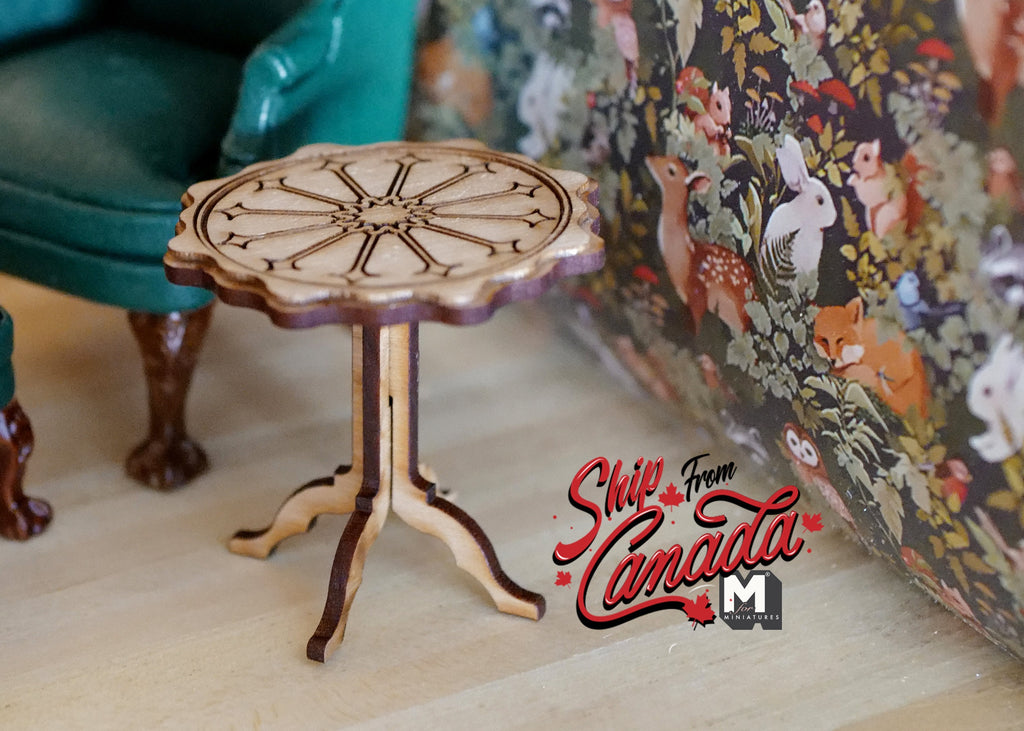 1:12 Scale Miniature Wood Pie Crust Tripod Table, Round Scalloped Top, 1-15/16 inch tall, DIY Dollhouse Supply (light brown)