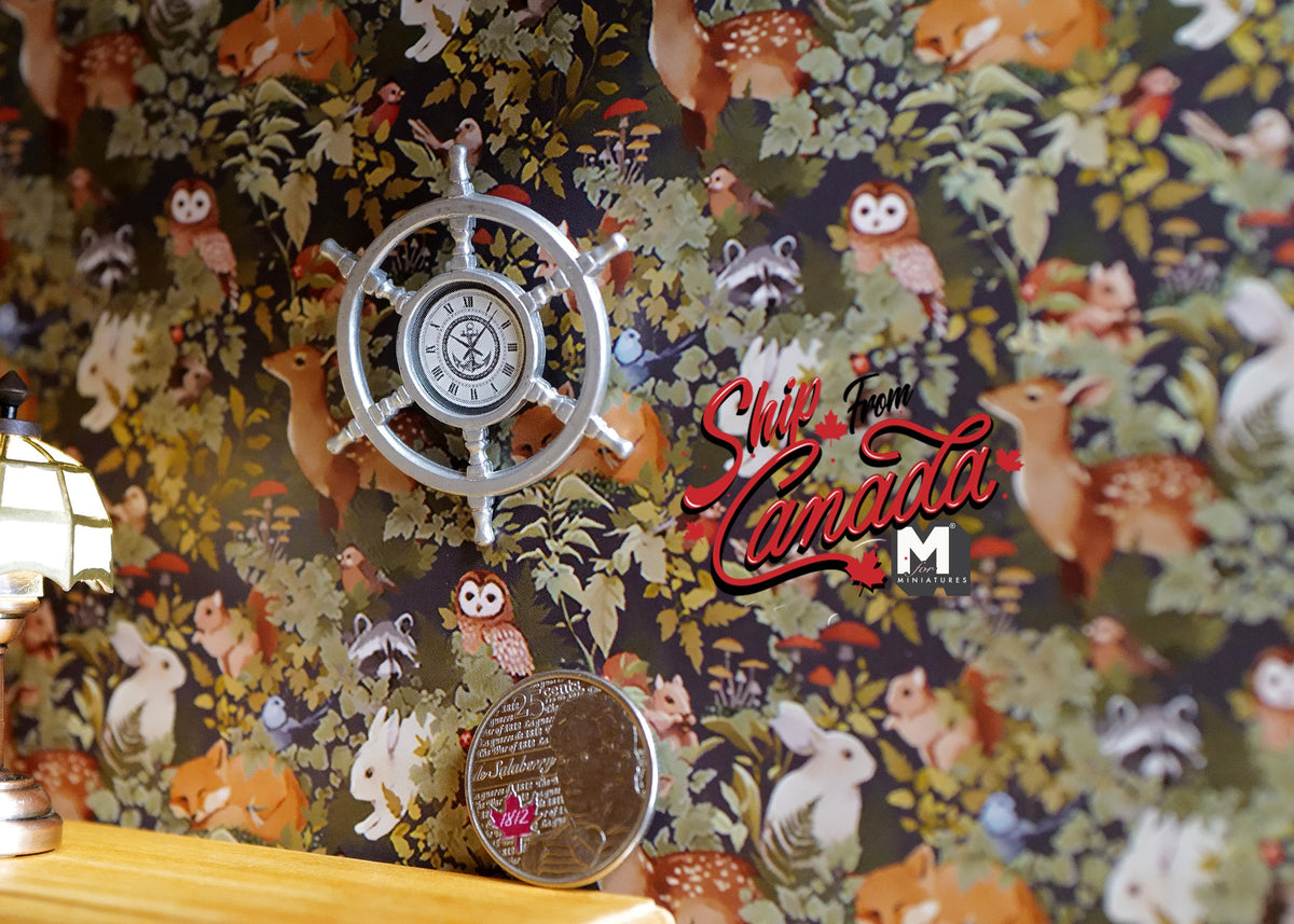 1:12 Scale Miniature Metal Ship Wheel Wall Clock, 1-3/4 inch dia., DIY Dollhouse Supply (silver)