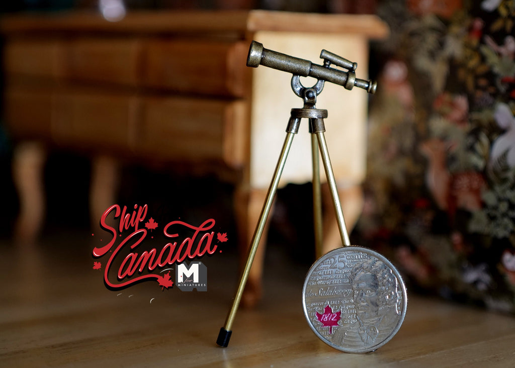 1:12 Scale Miniature Antique Style Telescope on Tripod, 2-3/4 inch tall, DIY Dollhouse Supply (brass)