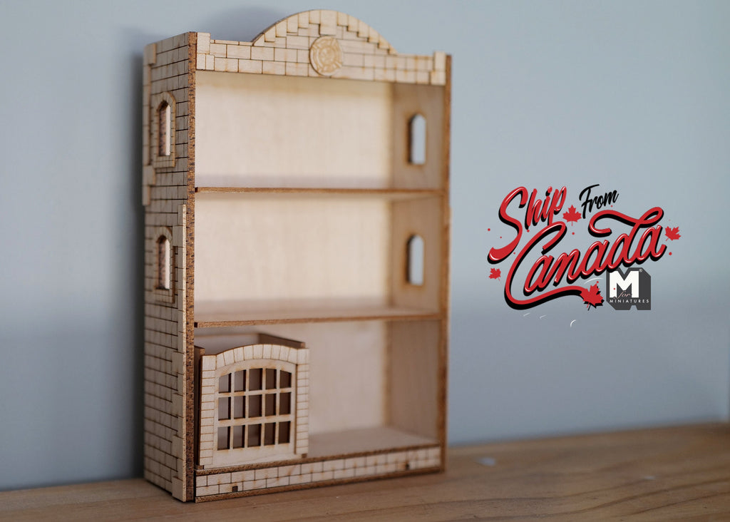 Étagère miniature à l'échelle 1:12 en bois non peint avec coffre à jouets, sommet festonné, 14,9 cm de hauteur, fourniture pour maison de poupée à faire soi-même