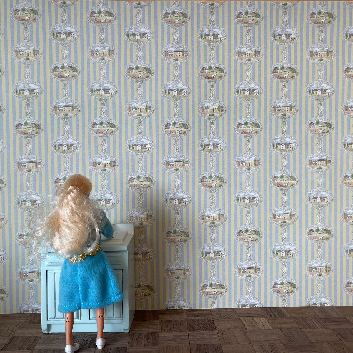 1:12 Scale Miniature Country Village Medallion Striped Wallpaper, 16-15/16 x 12 inch, DIY Dollhouse Supply