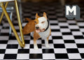 1:12 scale miniature resin standing bulldog in tan and white with a collar, shown on a checkered floor
